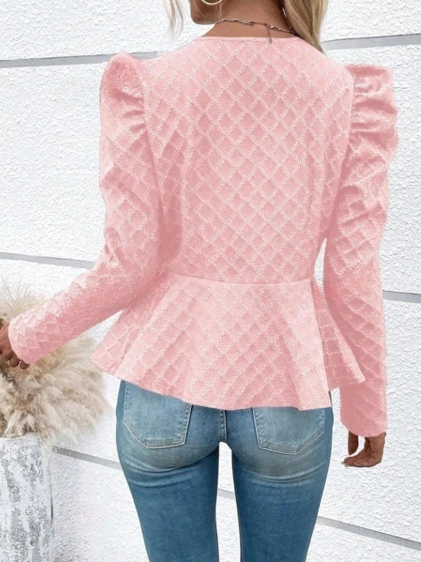 Trendsi Puff Sleeve Textured Jacquard Jacket -