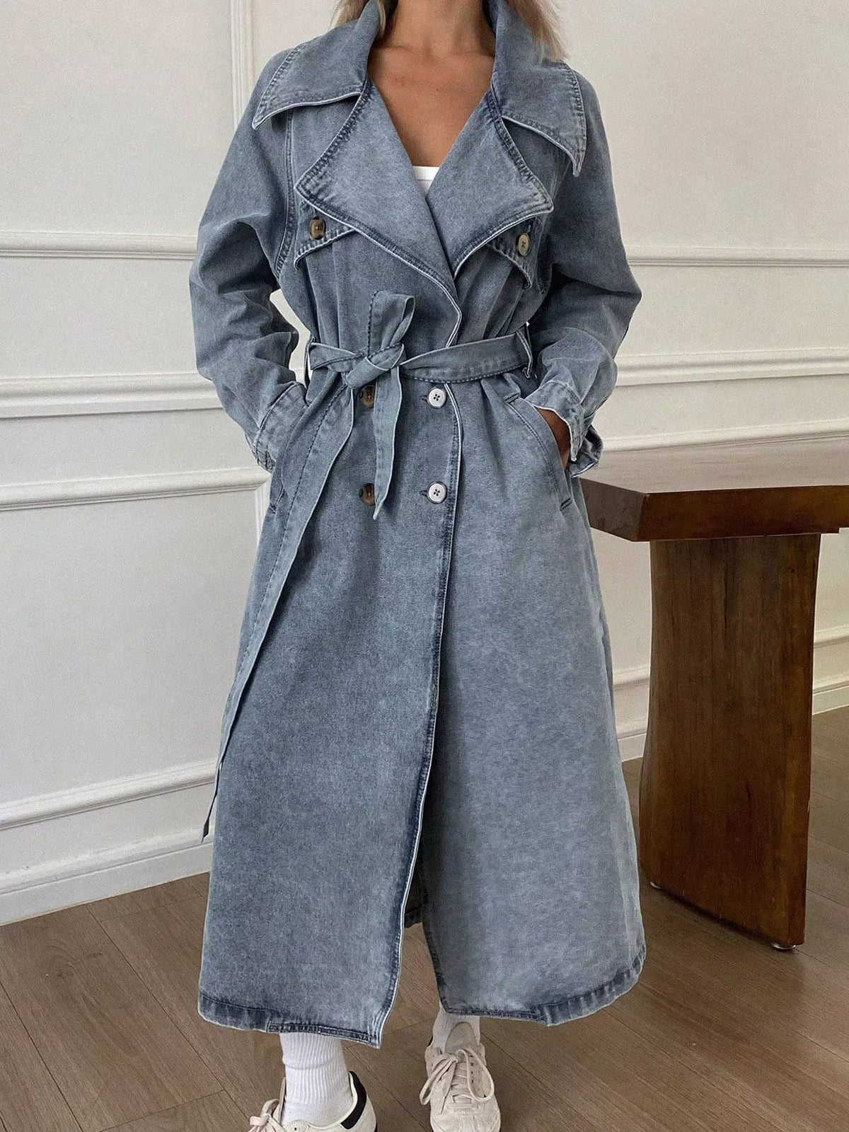 Denim trench jacket, blue front belted