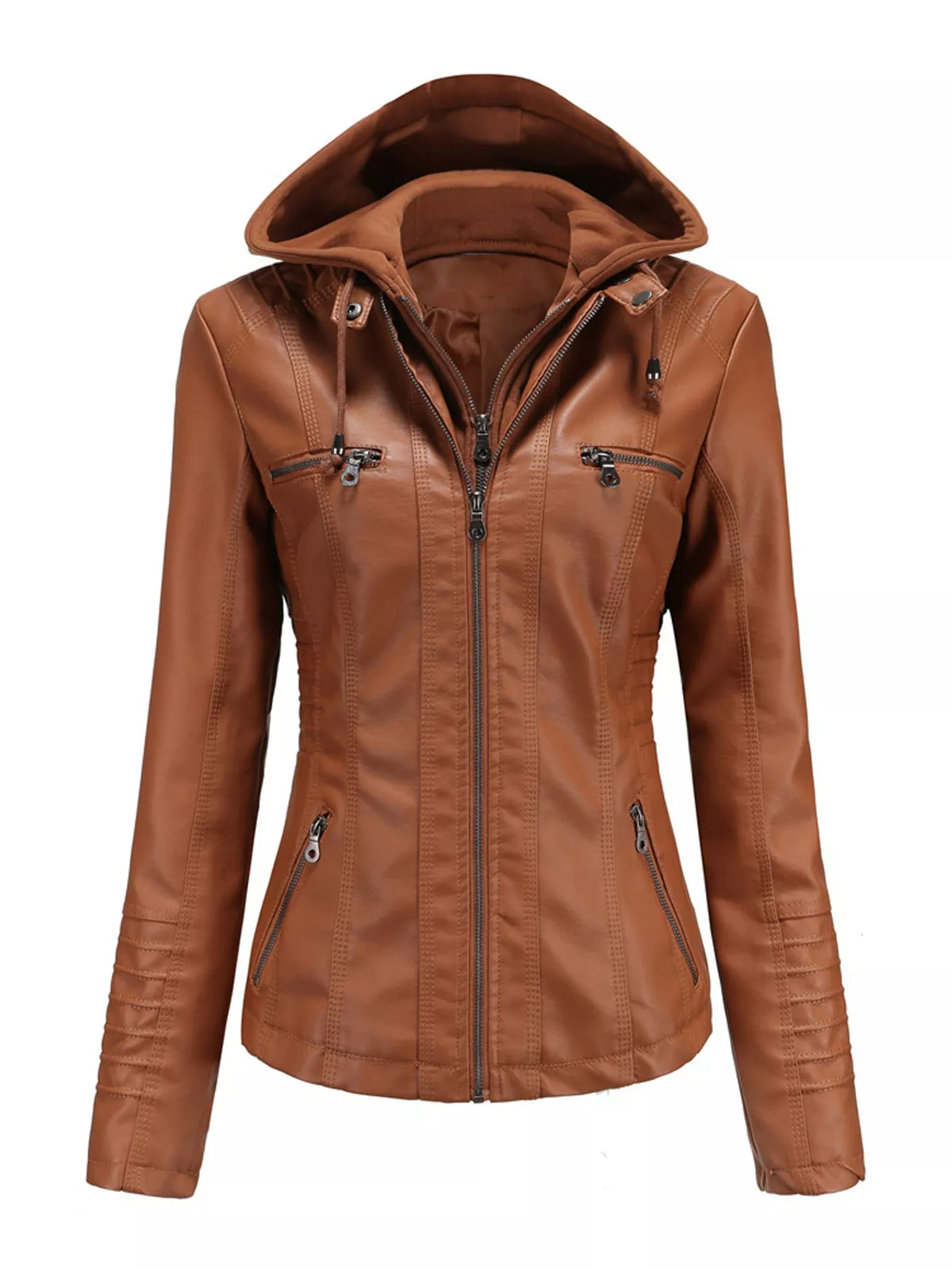 Hooded faux-leather jacket, tan flat front