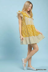 Trendsi Umgee Mix Patchwork Flutter Sleeve Tiered Dress -