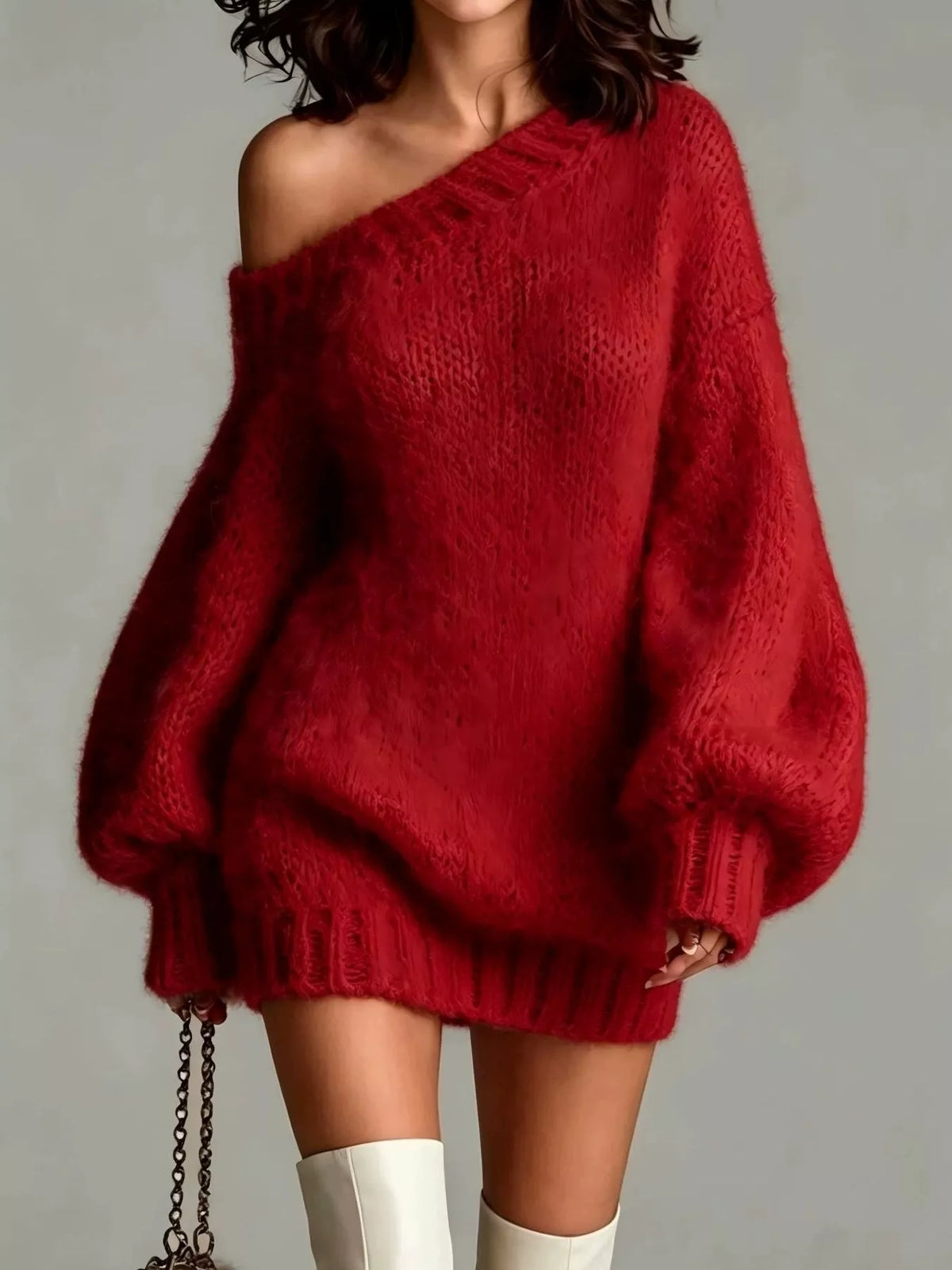 Deep Red one shoulder mini sweater dress