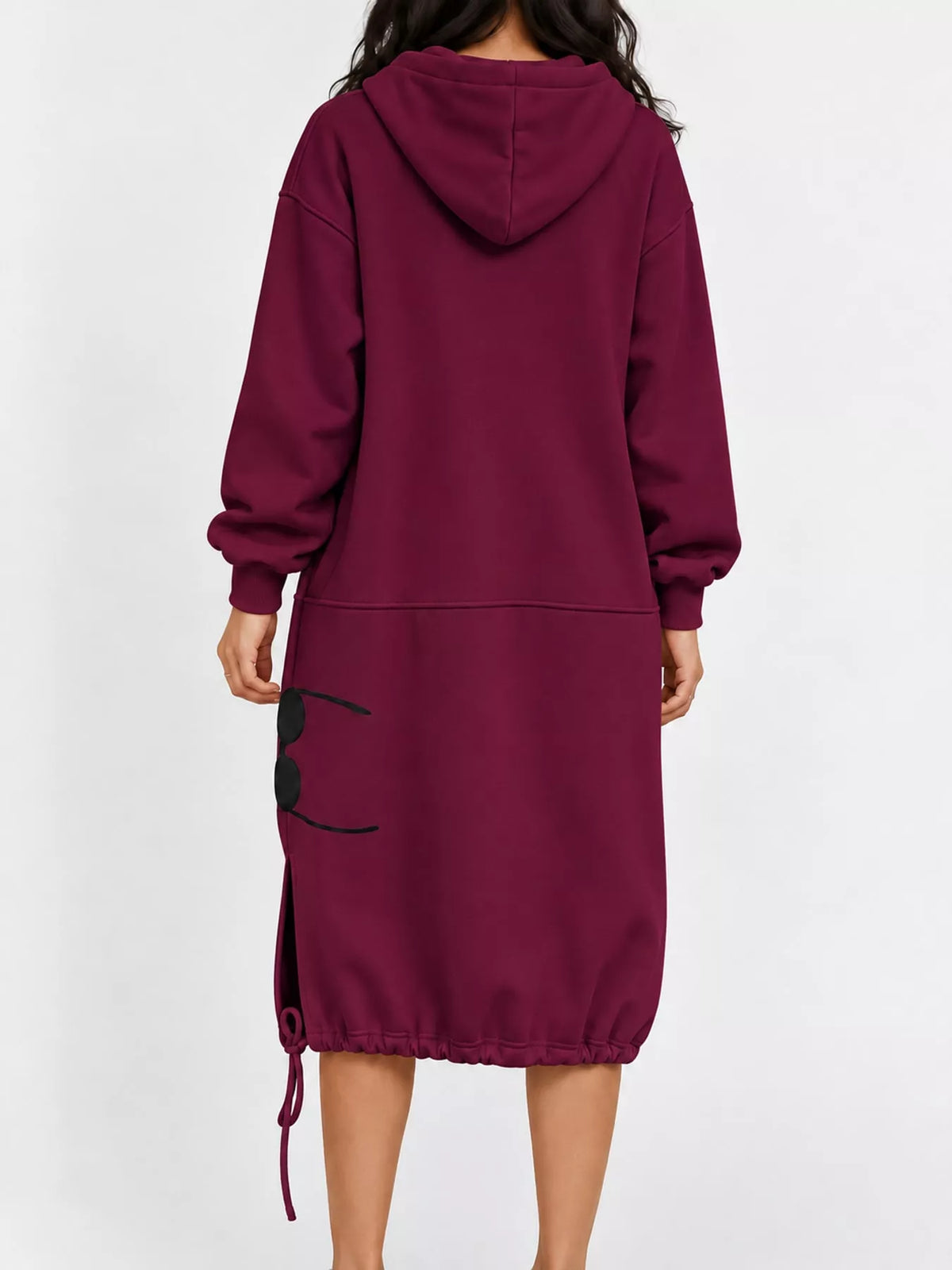 Burgundy hooded sweatshirt midi dress with drawstring hem, back view