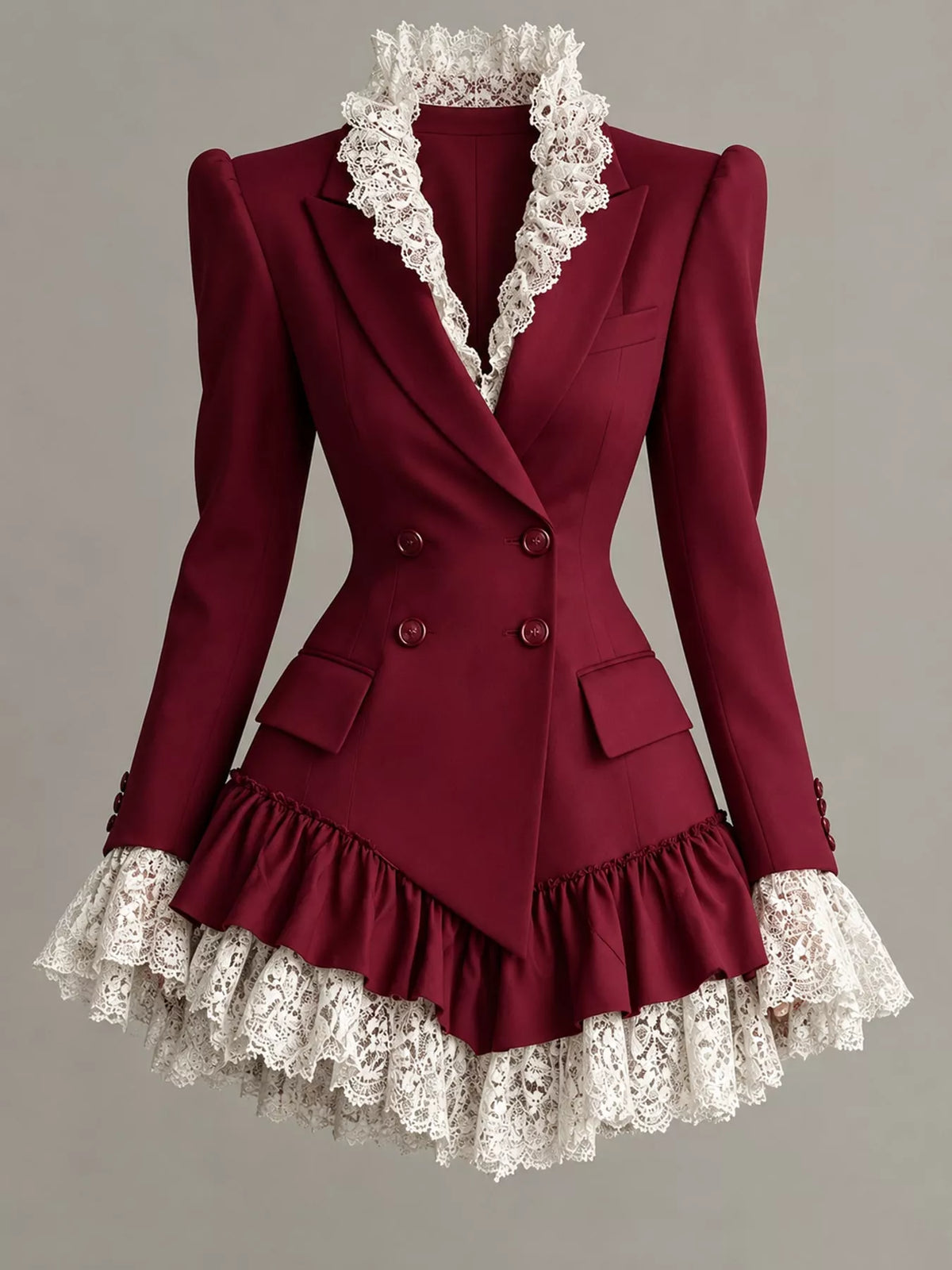 Burgundy lace trim blazer dress, front view