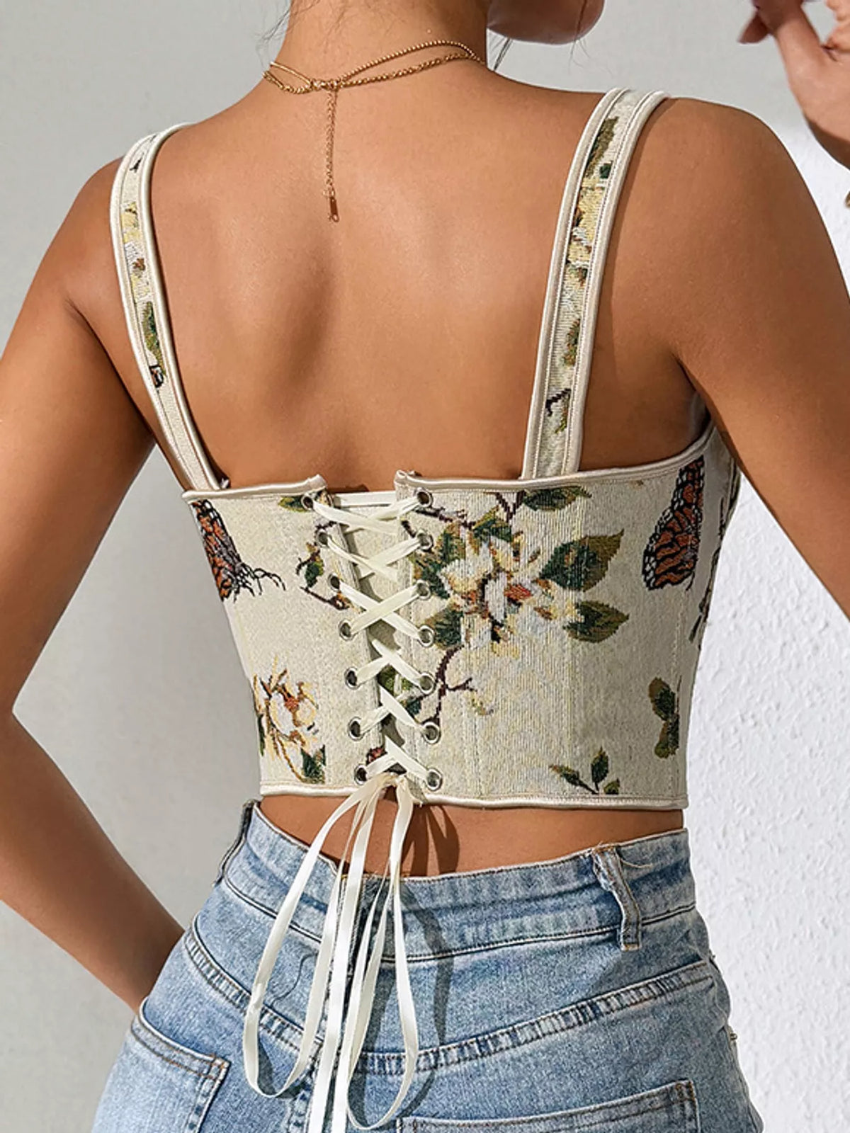 Cream floral lace-up back tank, back view