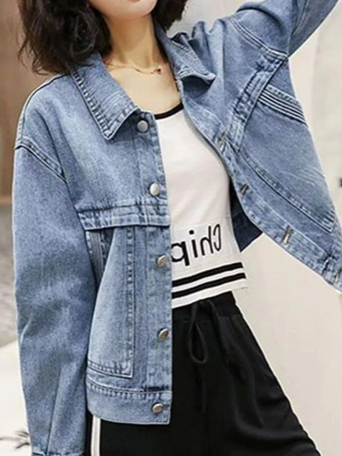 Embroidered Button-Up Denim Jacket — front view