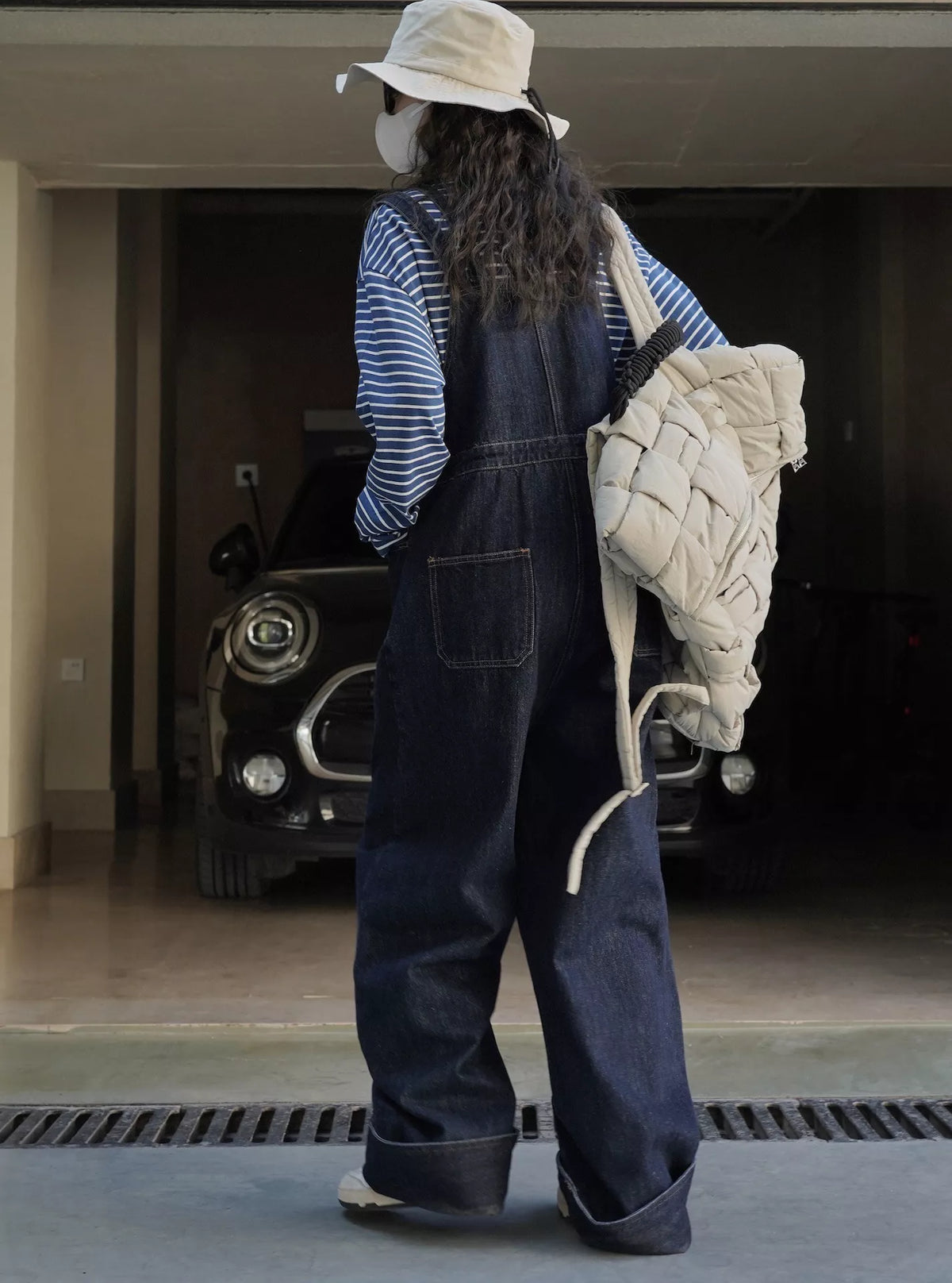 Women's Vintage Dark Wash Wide-Leg Denim Overalls in dark blue — back view