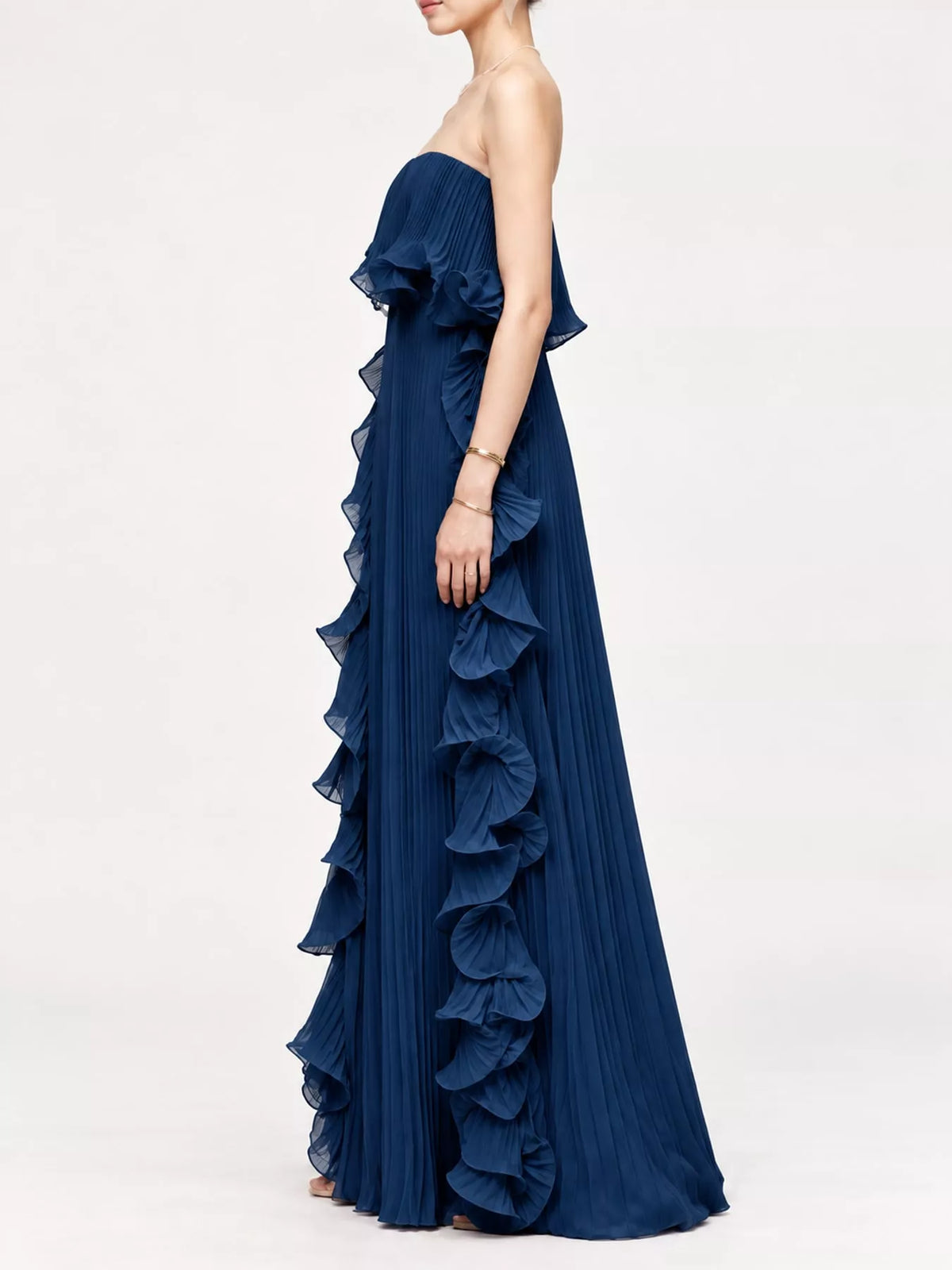 Ruffled Strapless Pleated Maxi Dress — side view