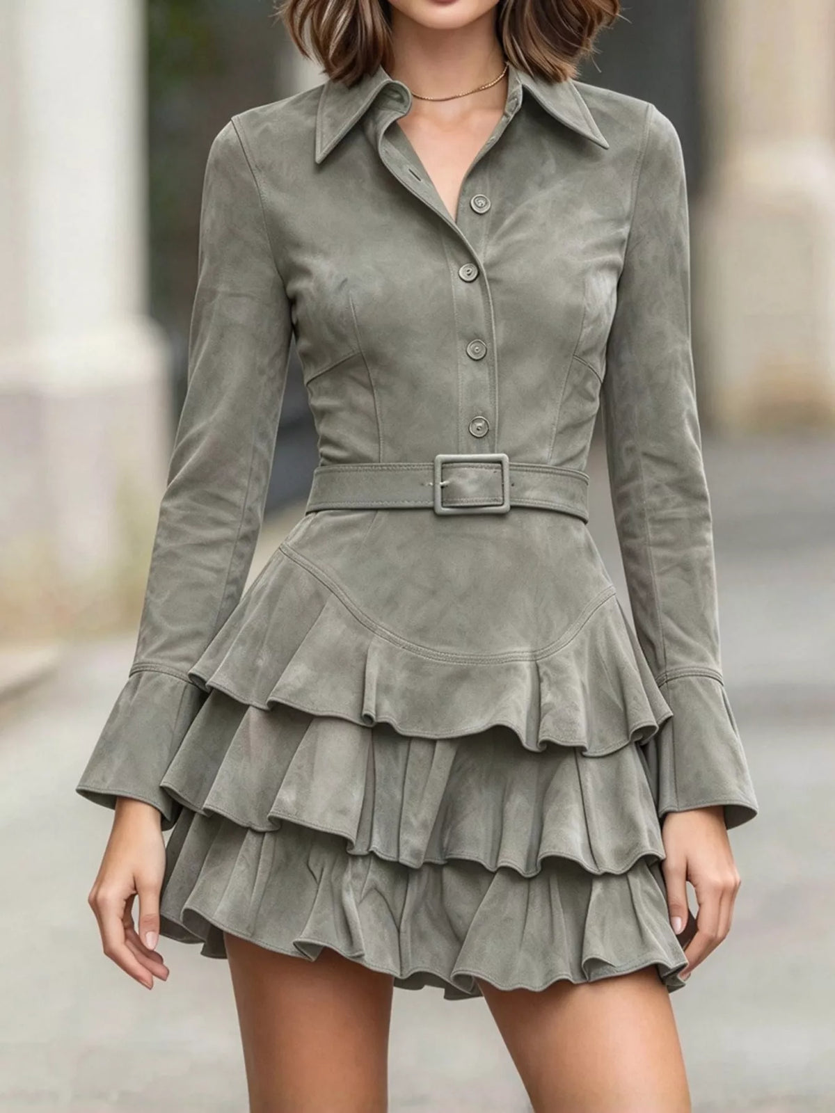 Ruffle Layered Button Front Mini Dress in gray