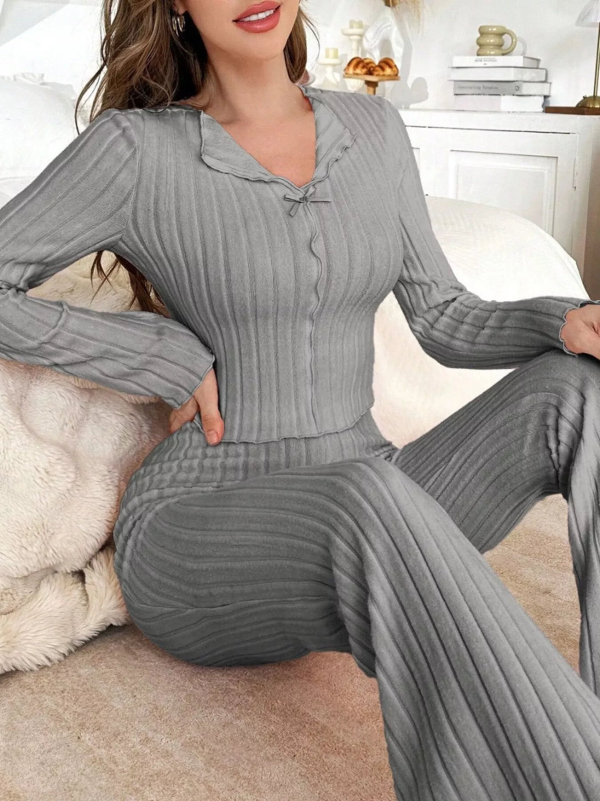 Trendsi Bow Detail Ribbed Knit Top and Pants Lounge Set -