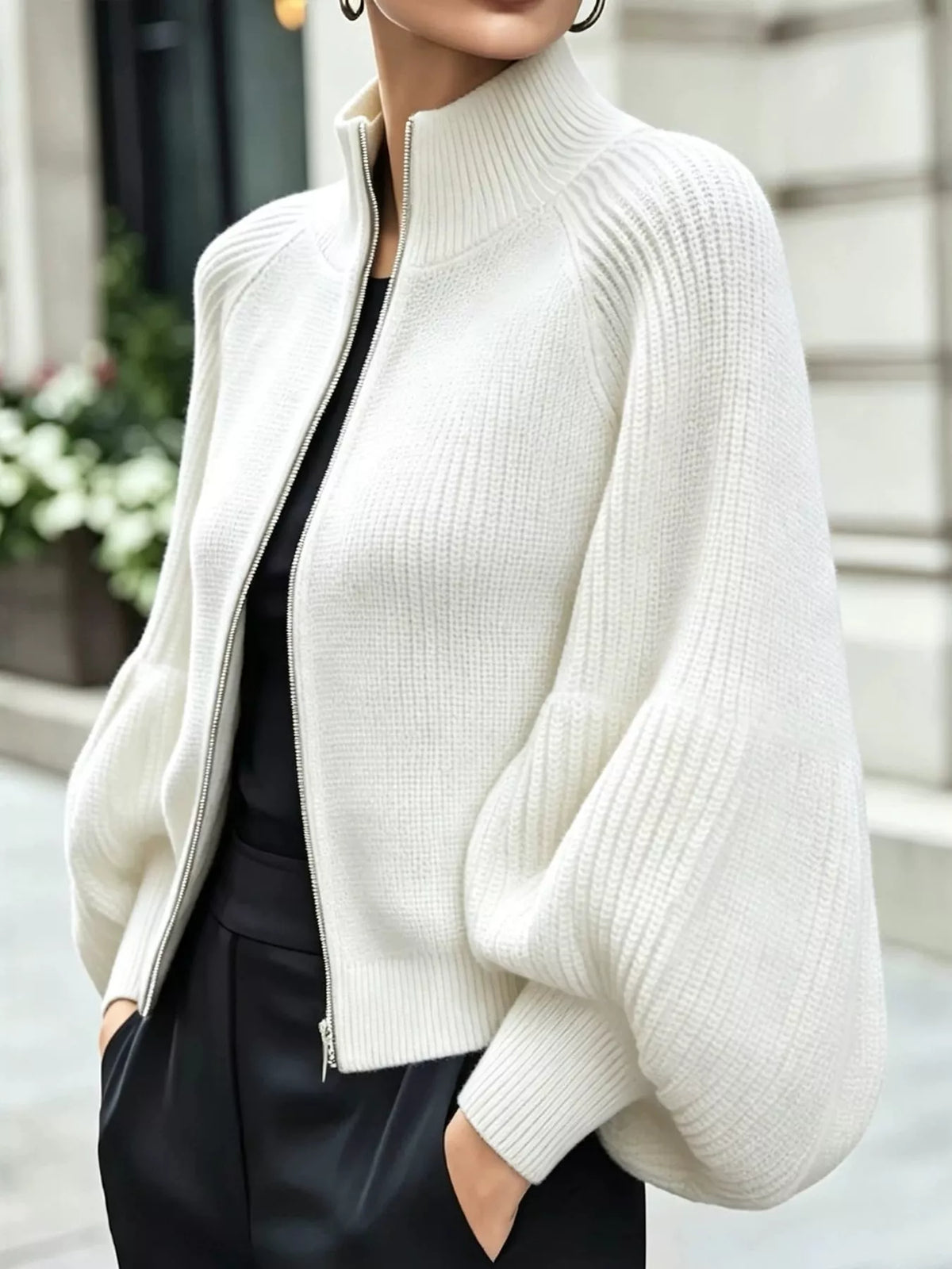 White ribbed knit zip-up lantern sleeve cardigan