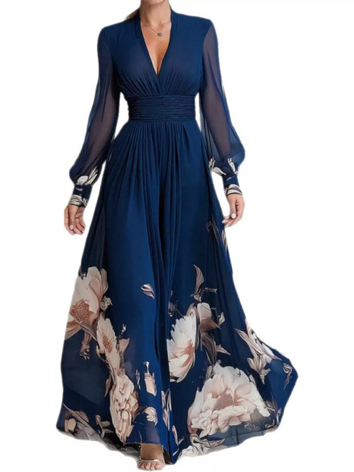 Navy floral v neck maxi dress, front view