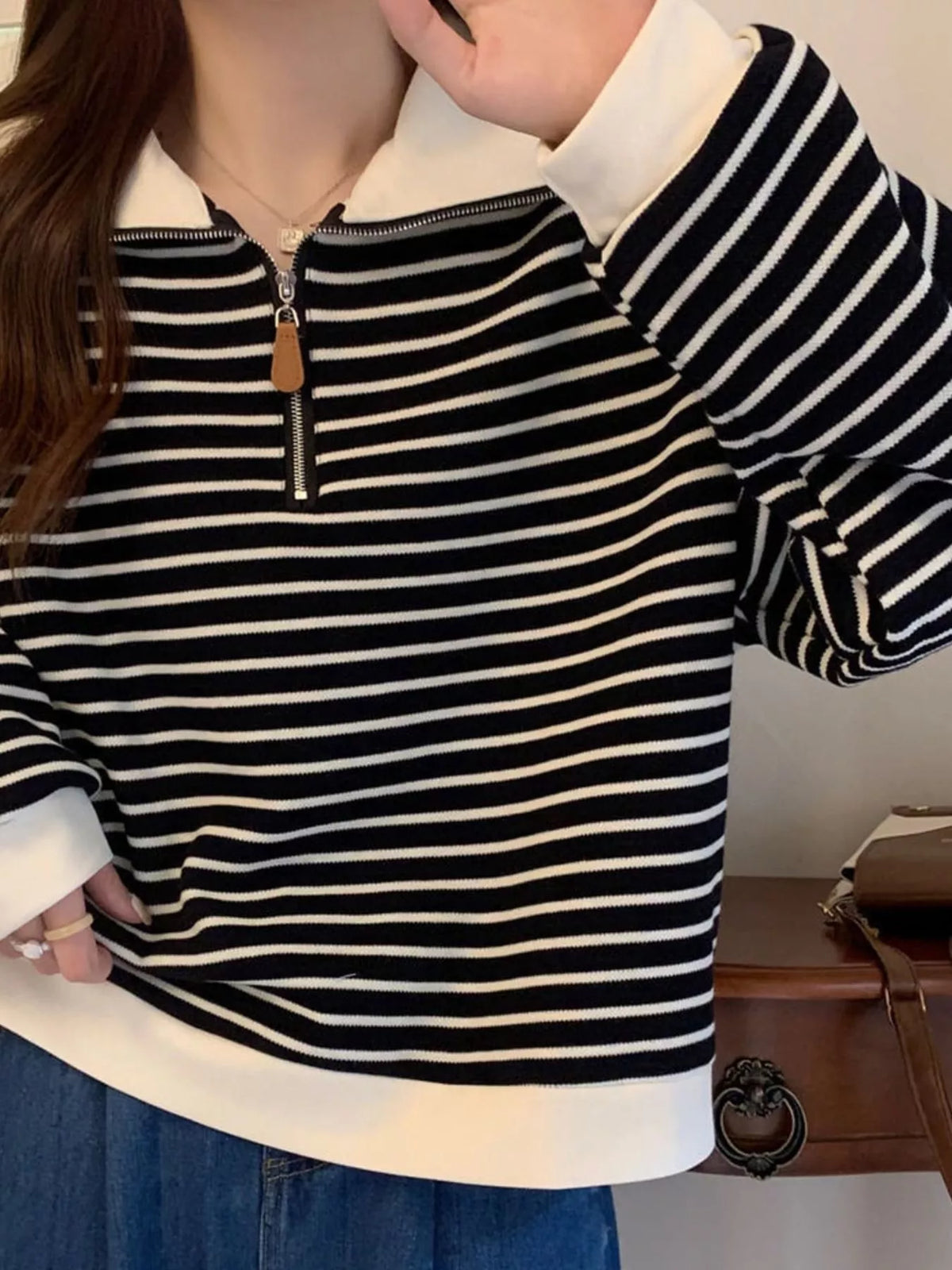 Striped Quarter-Zip Pullover Sweatshirt, detail view in black and cream