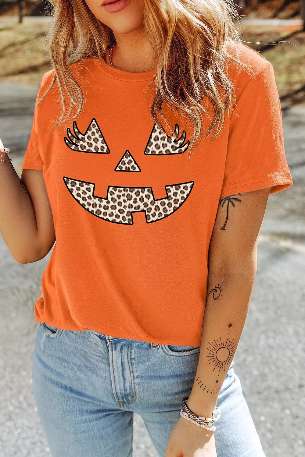 Women's Halloween Pumpkin Face Leopard Graphic T-Shirt in Orange, alternate view