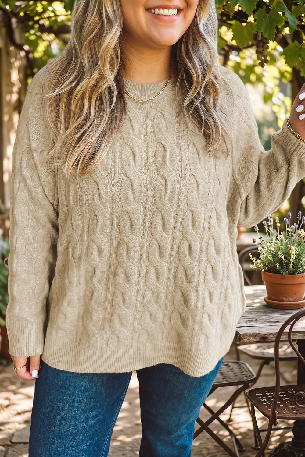 Trendsi Plus Size Oversized Cable Knit Long Sleeve Round Neck Sweater -