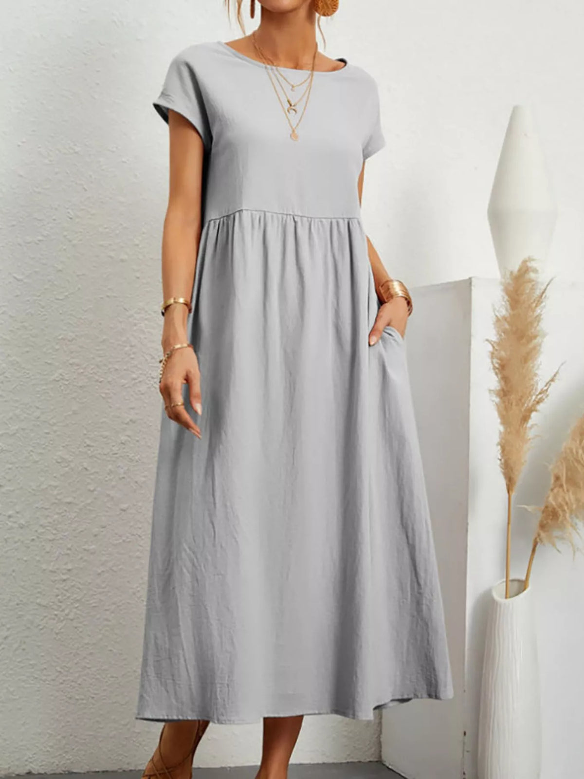 Round neck short sleeve midi dress, front view on model