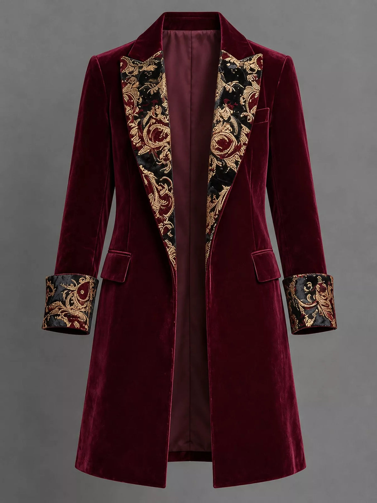 Burgundy (with Lining) floral lapels and cuffs velvet blazer