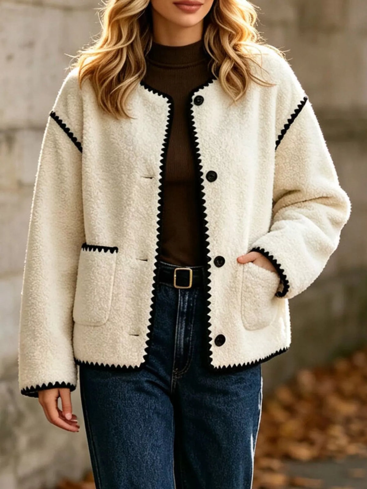 Cream with black trim faux shearling contrast trim button-down jacket