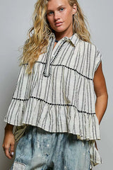 Trendsi POL Striped Ruffle Collared Sleeveless Cotton Top -