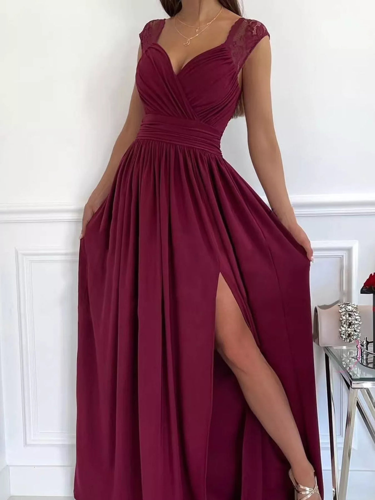 Slit Lace Sleeveless Maxi Dress — front view