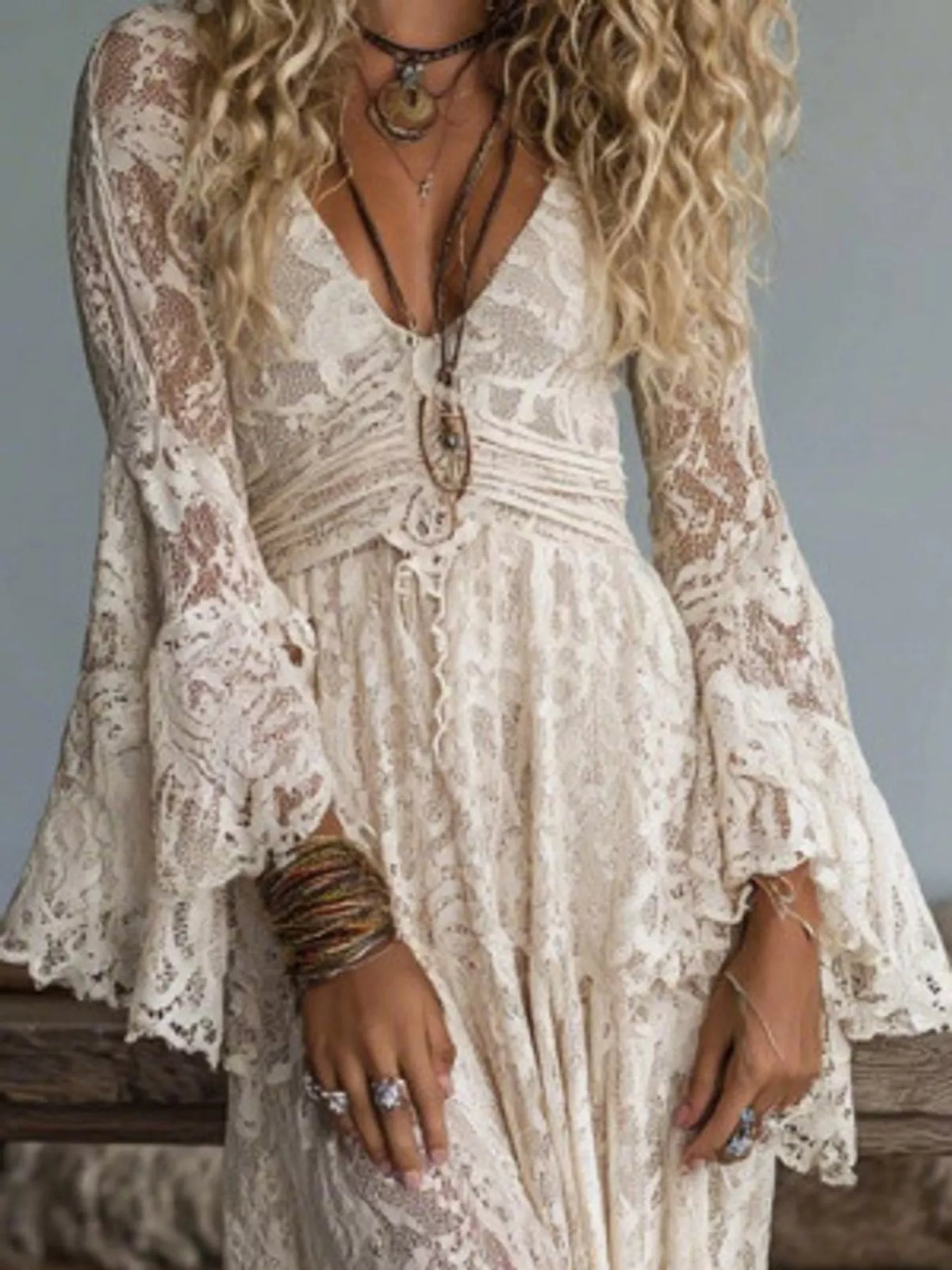 Lace maxi dress, cream bodice detail