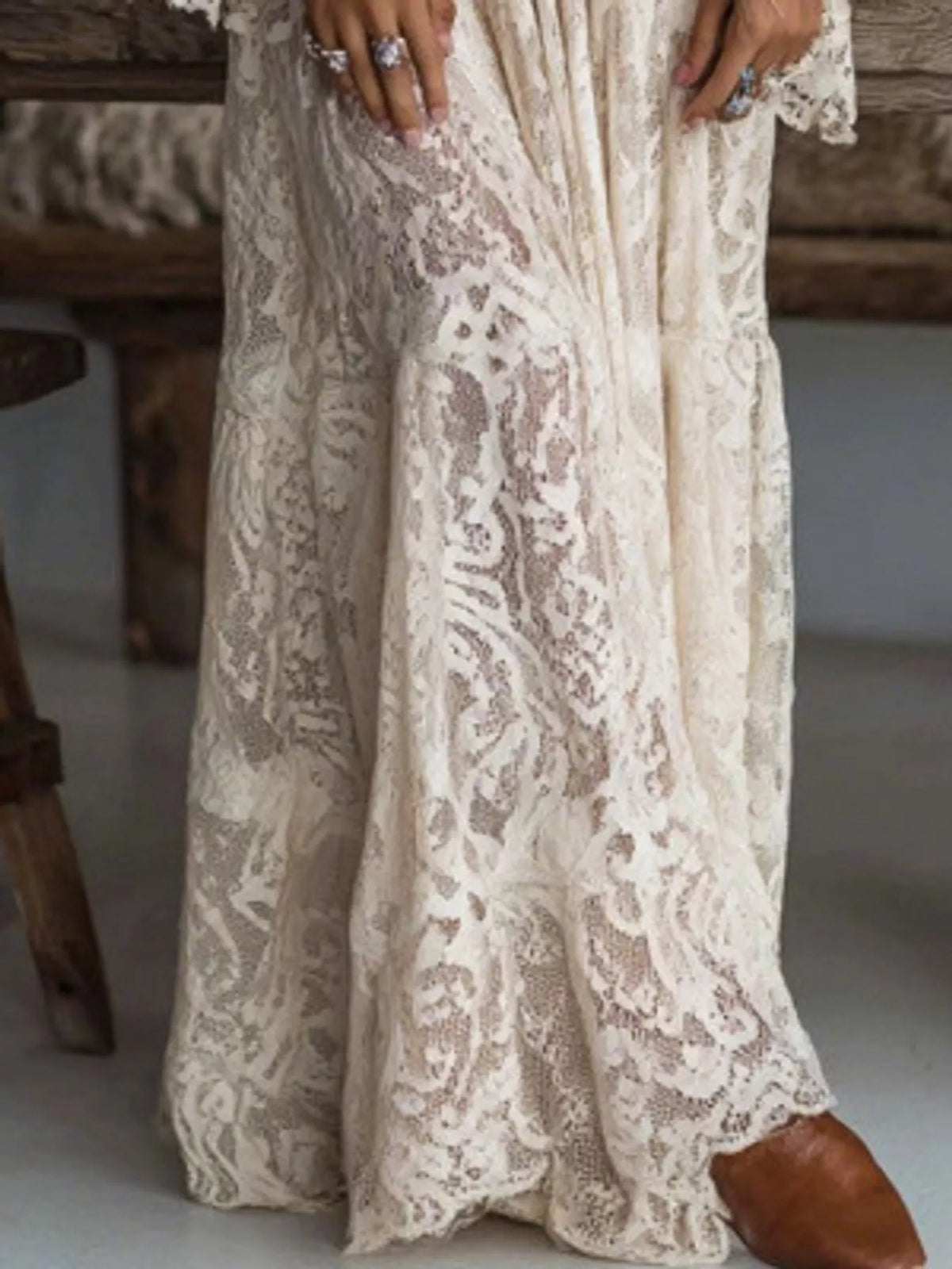 Lace maxi dress, cream lace skirt detail