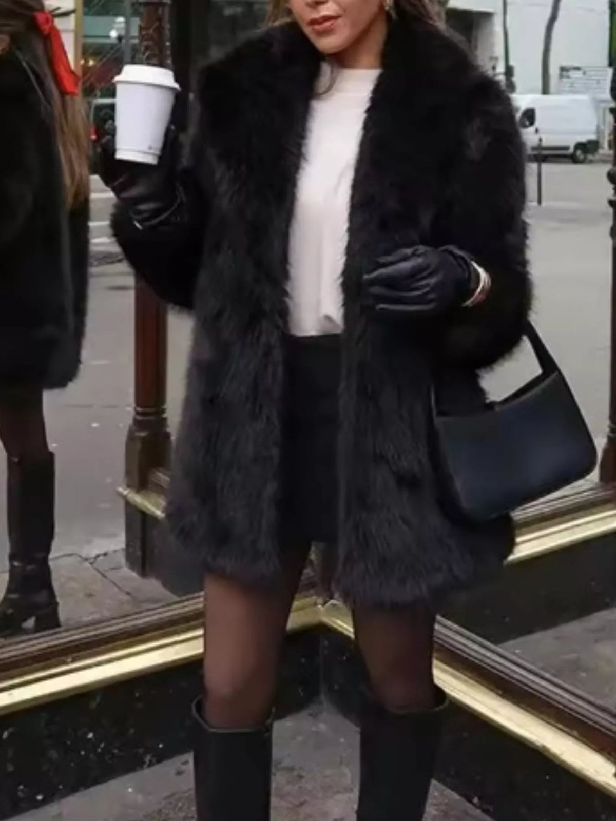 Faux Fur Long Sleeve Coat in black
