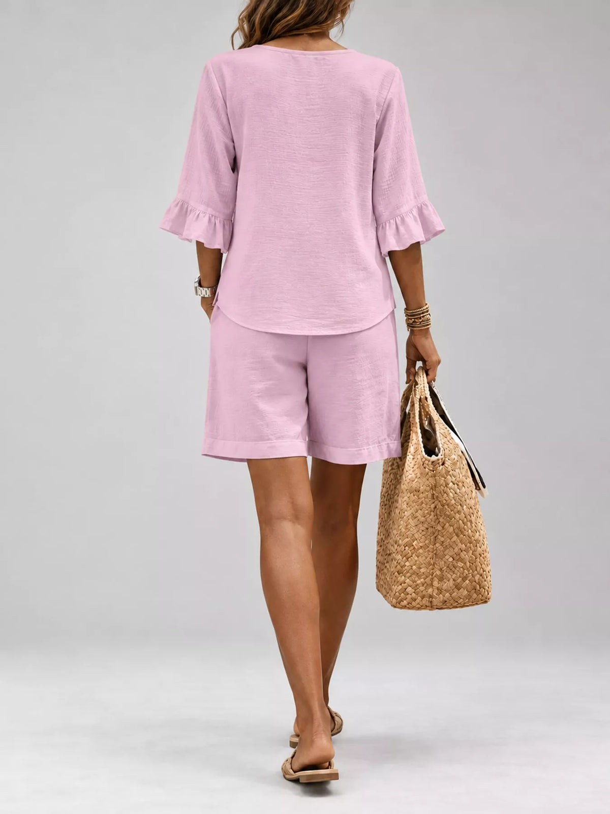 Decorative Button Blouse and Shorts Set, back view in pink