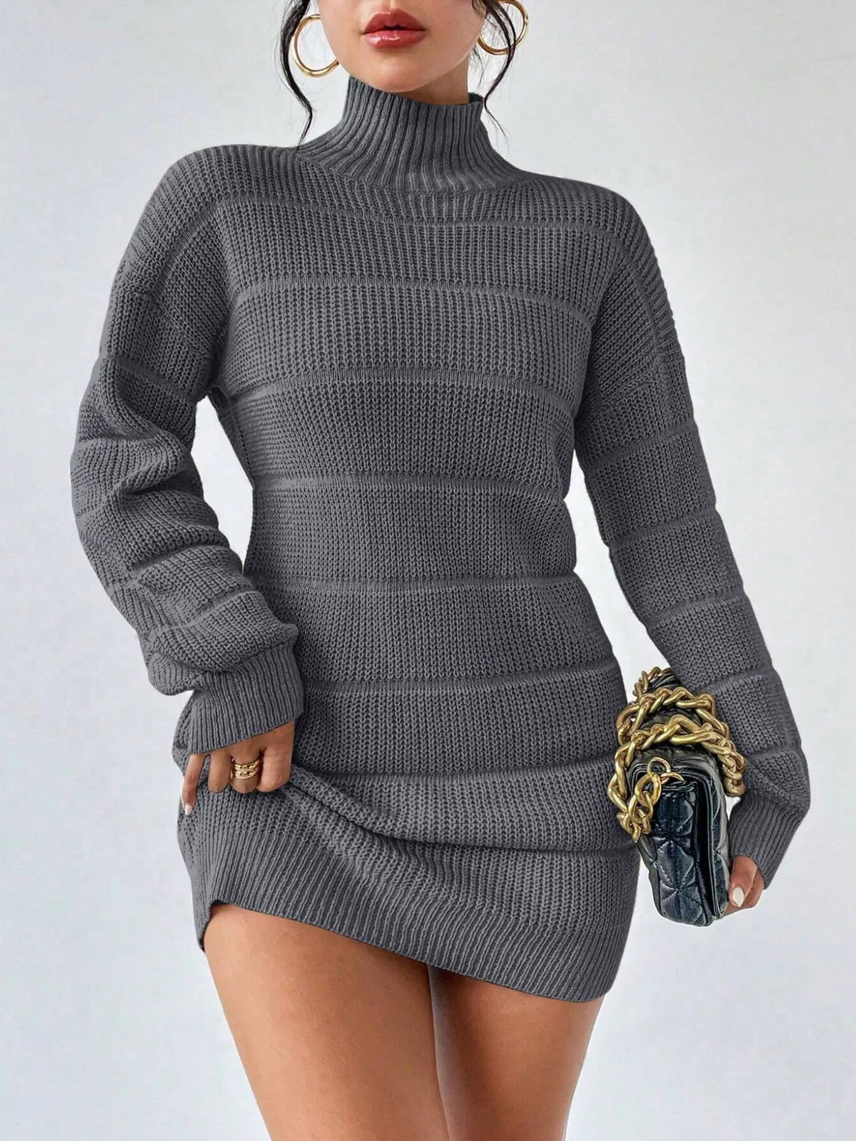 Women's Turtleneck Long Sleeve Sweater Dress in Apricot, front view