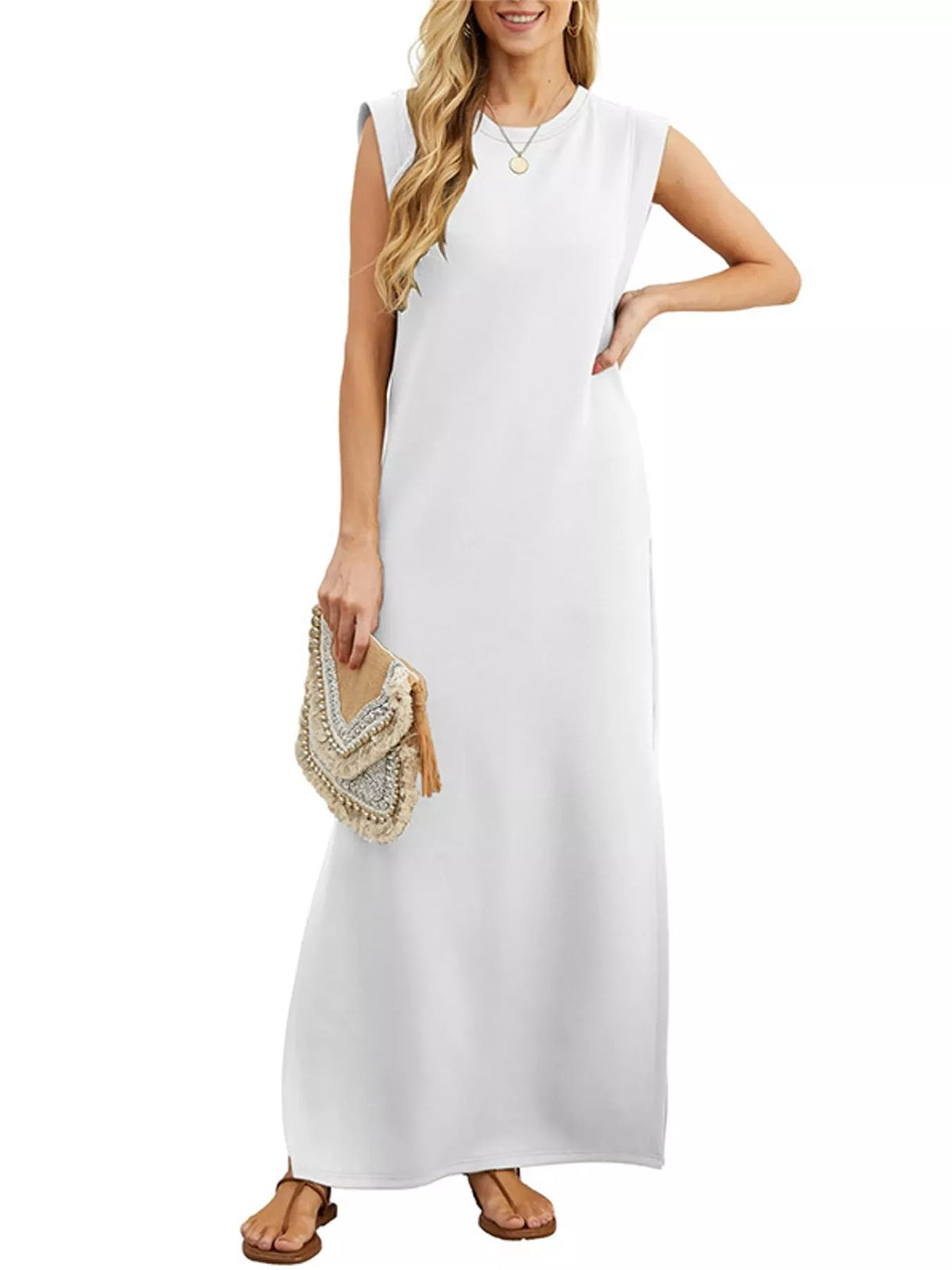 Round neck sleeveless maxi dress, front view on model