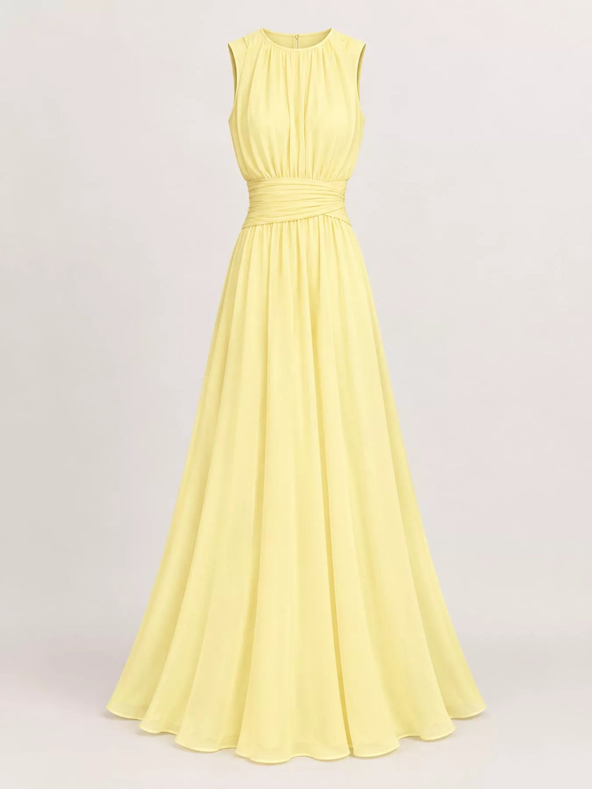 Yellow sleeveless ruched chiffon maxi dress, front view