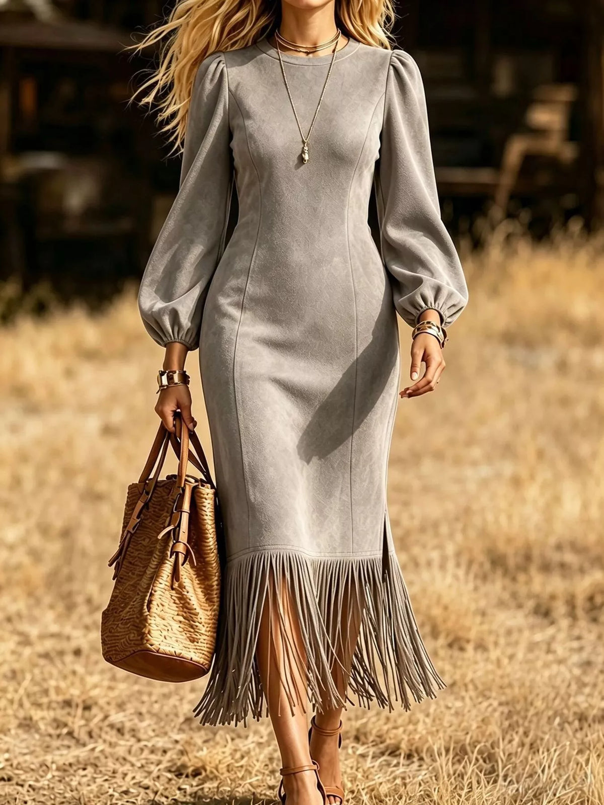 Women's Fringe Round Neck Balloon Sleeve Dress in gray — front view