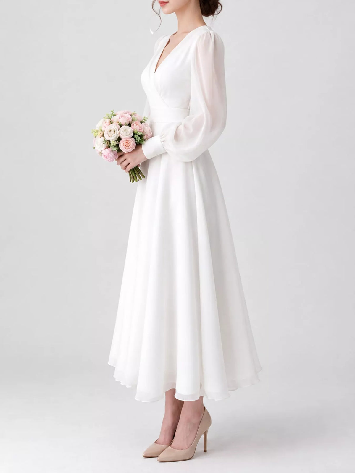 White surplice lantern-sleeve midi dress, side view