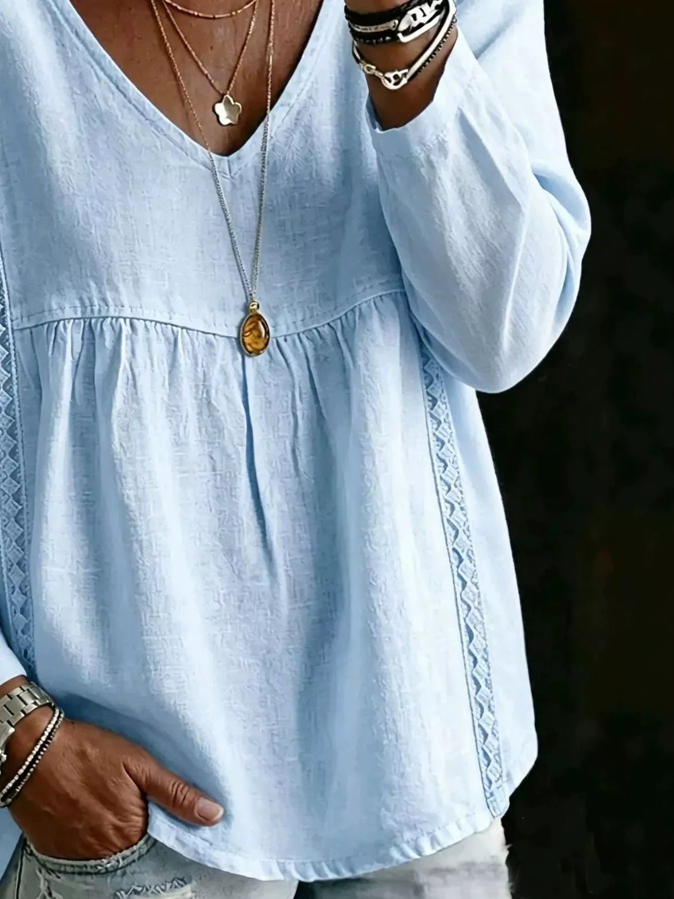 Trendsi Full Size V-Neck Lace Trimmed Long Sleeve Blouse Plus Size -