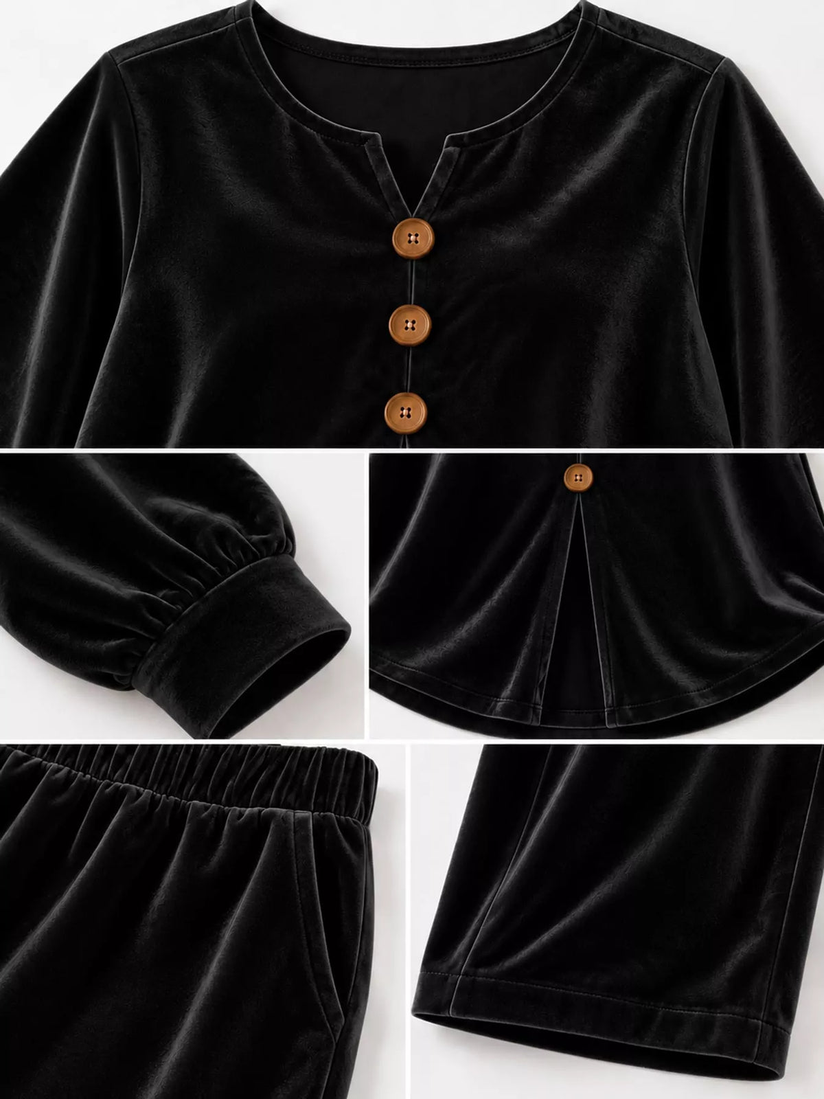 Black decorative button top and pants set — design and construction details