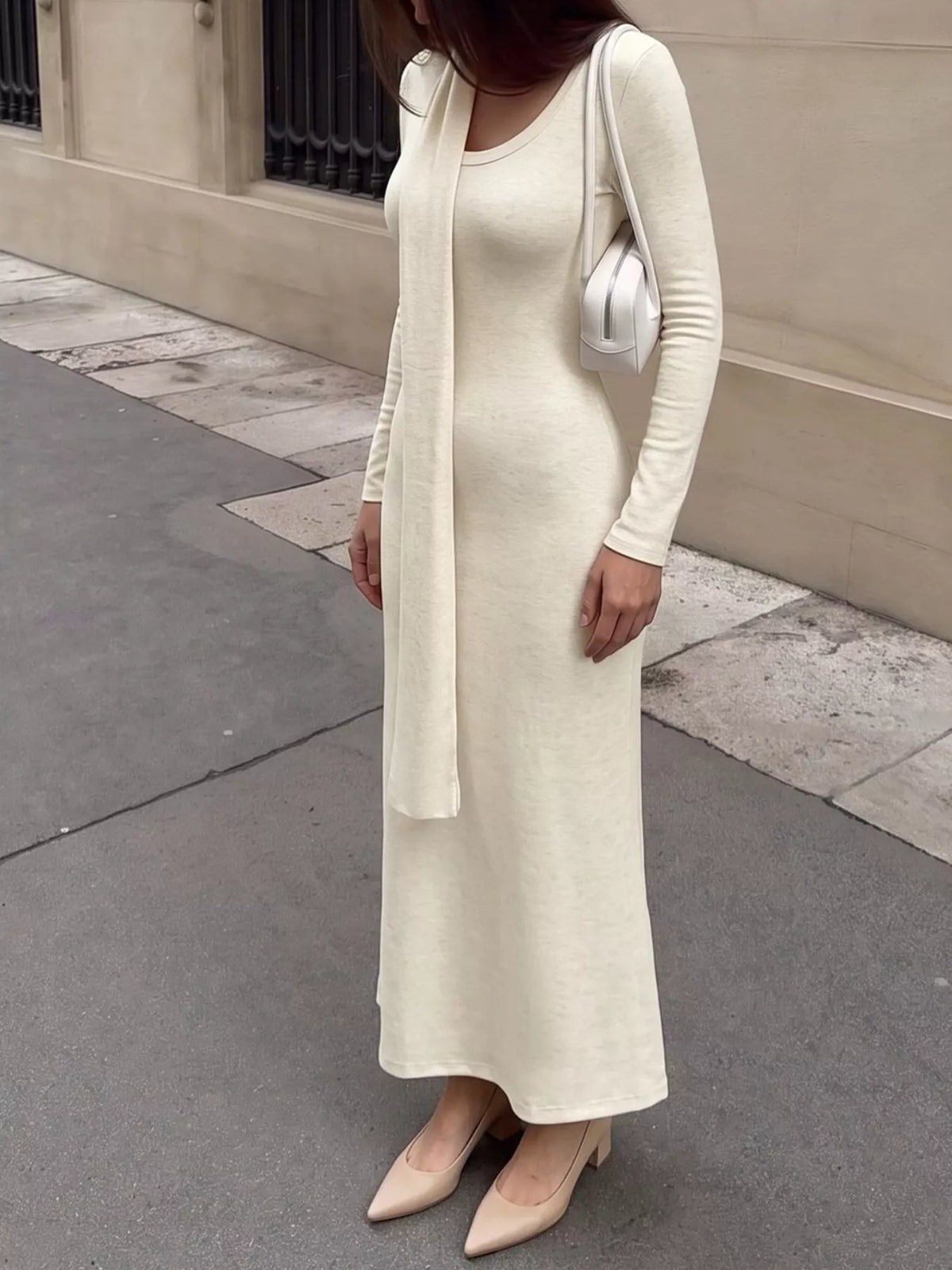 Trendsi Round Neck Maxi Knit Dress with Matching Scarf -