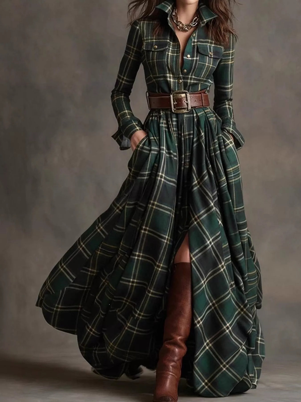 Vintage Plaid Button-Down Maxi Shirt Dress in green