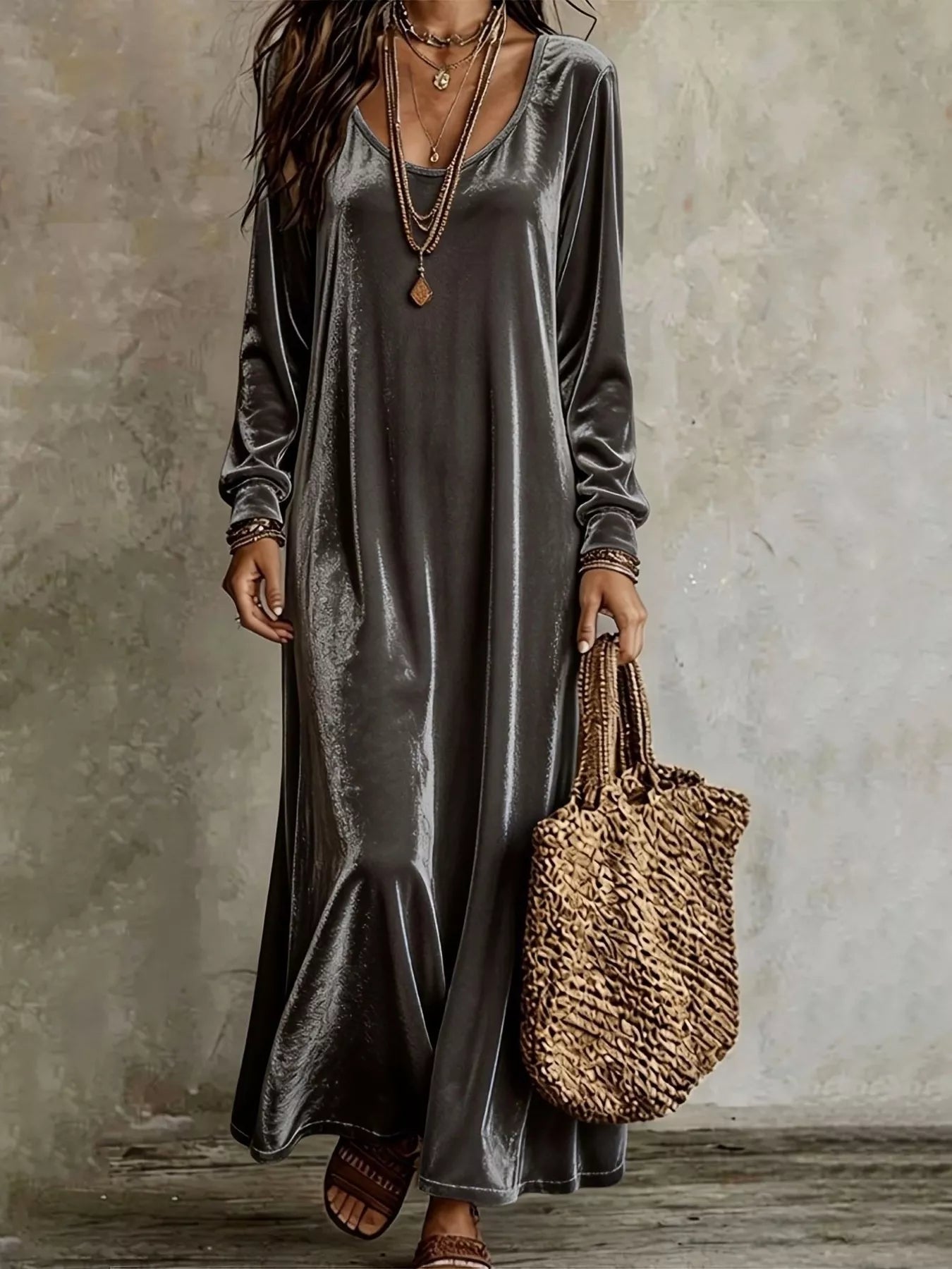 Trendsi Velvet Maxi Dress with Flowy Hem -
