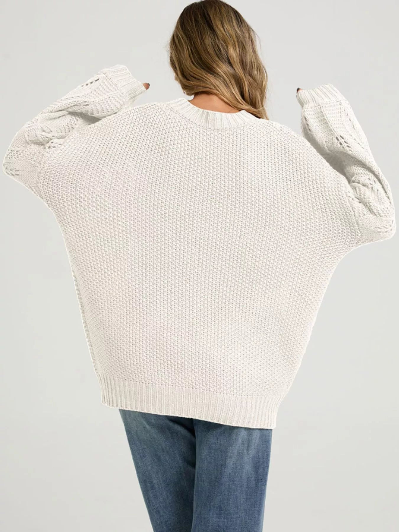 Trendsi Textured Knit Openwork Dropped Shoulder Sweater -