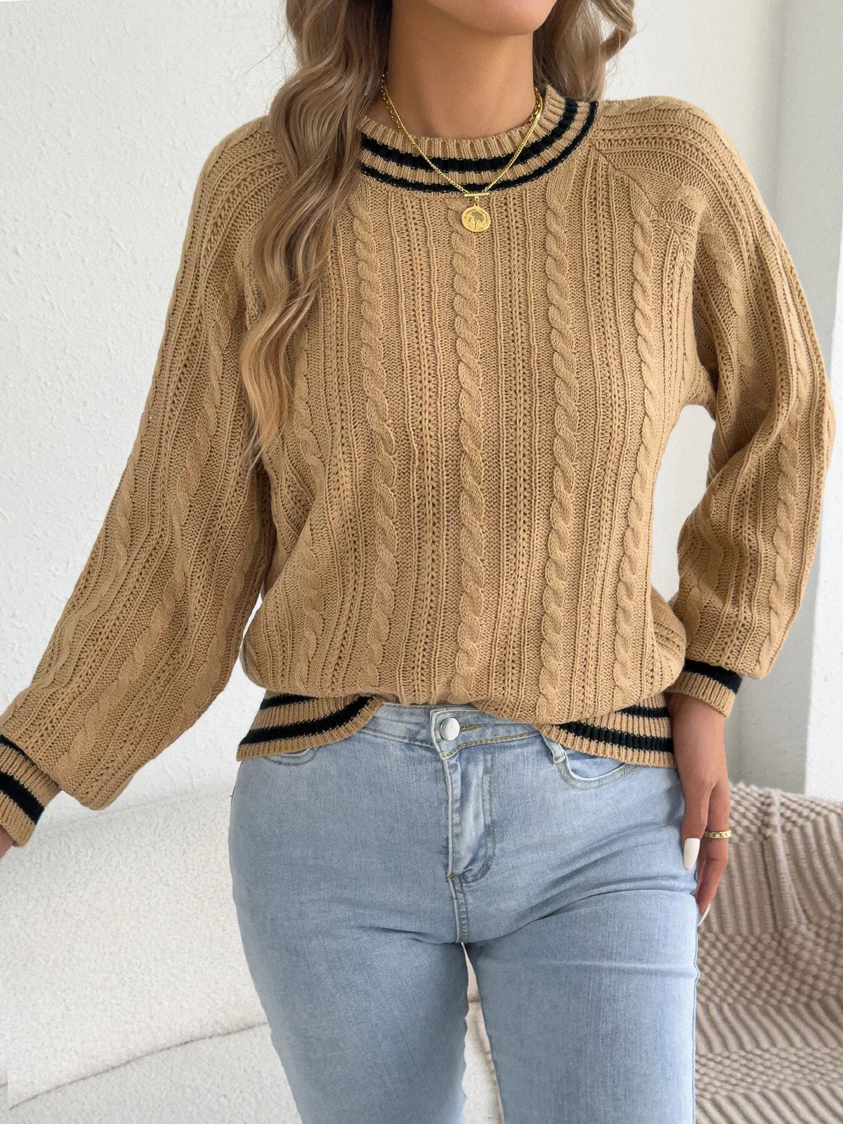 Burgundy striped trim cable knit sweater