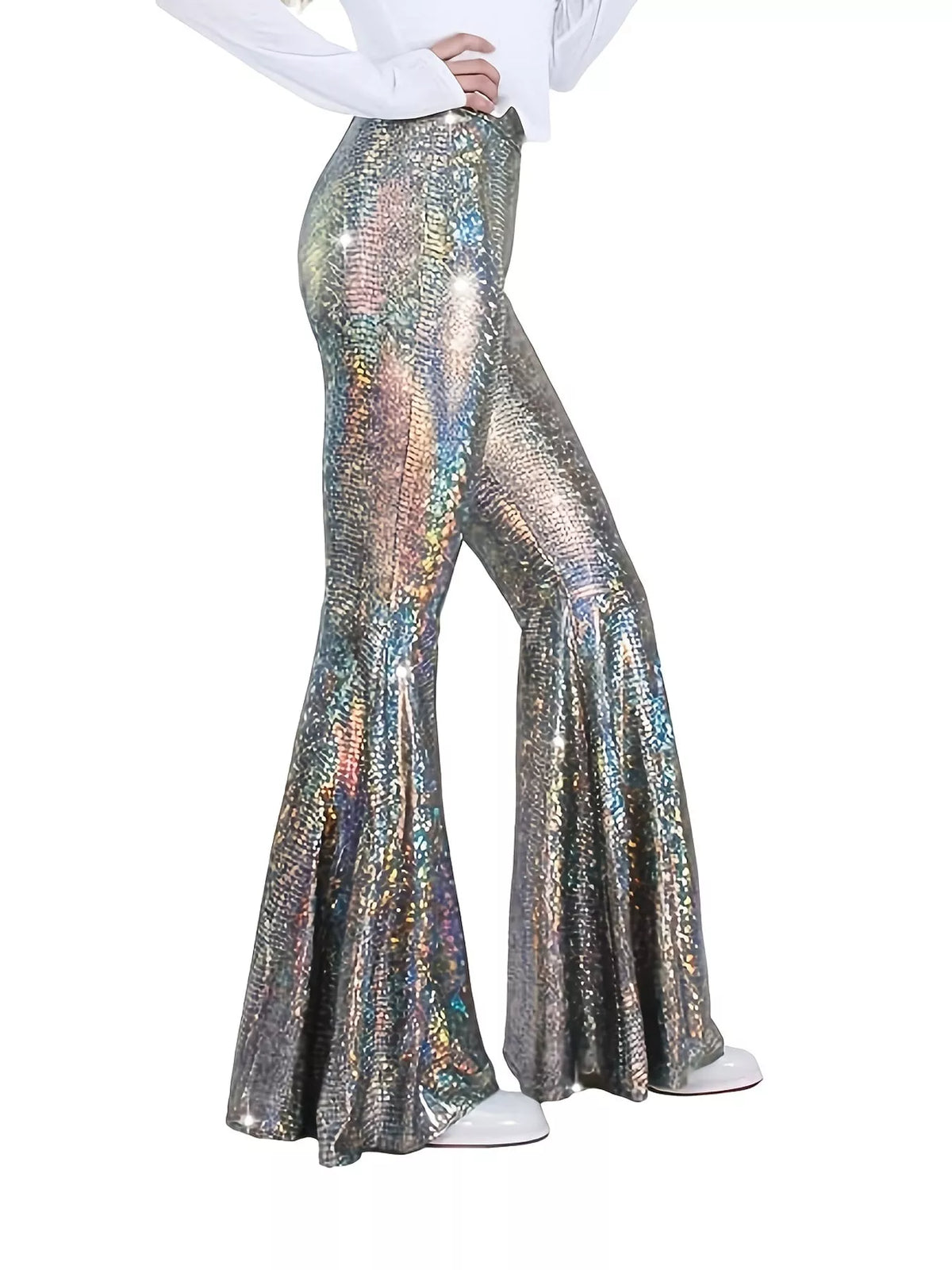 Iridescent silver high-waisted flare pants — side view