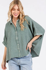 Trendsi Mittoshop Mineral Wash Gauze Dolman Sleeve Button Down Shirt -