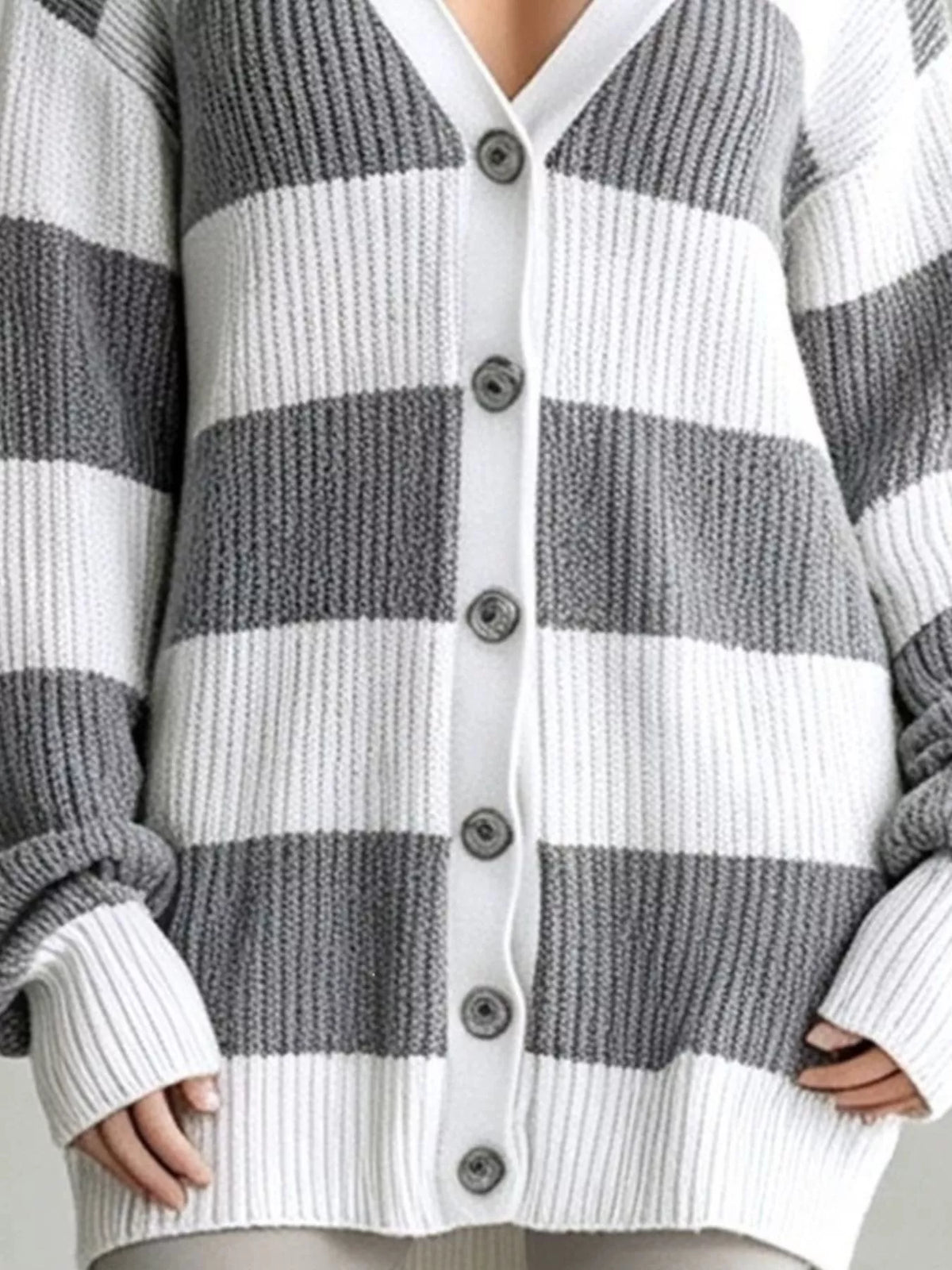 Striped cardigan, gray and white knit detail