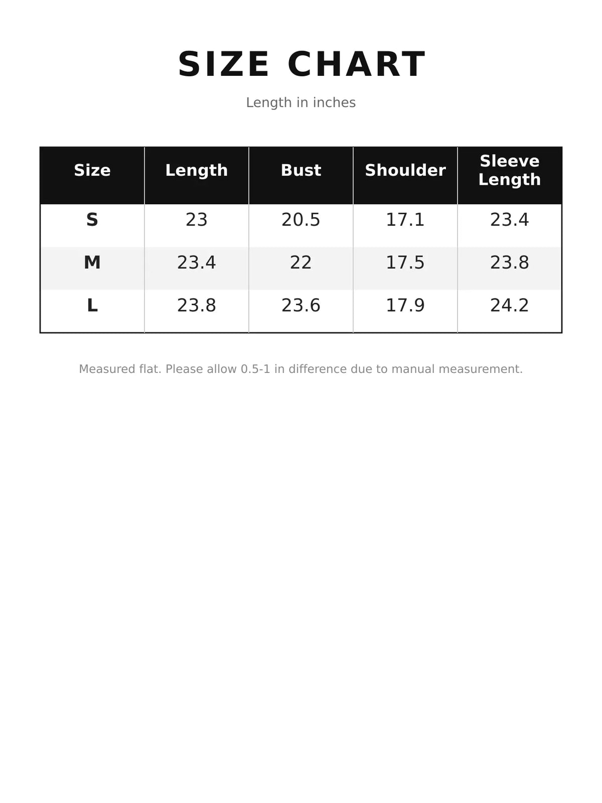 Collared long sleeve blazer, size and measurement chart