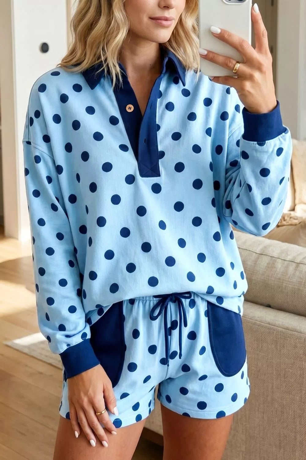 Polka-dot drop-shoulder polo and shorts set