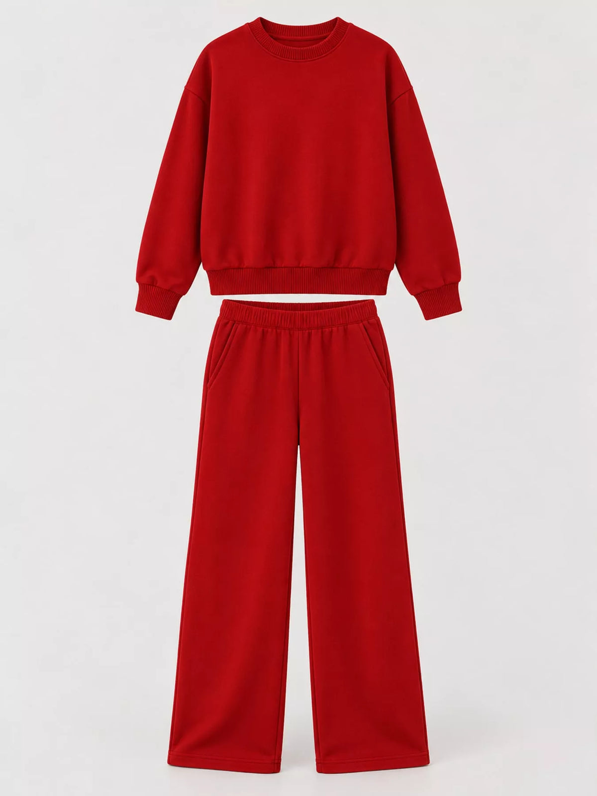 Crewneck Drop Shoulder Sweatshirt and Wide-Leg Pants Set — garment front