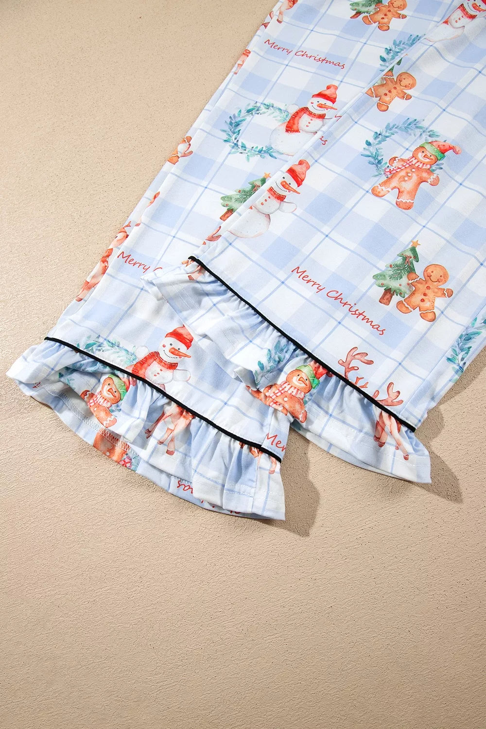 Light blue Christmas print plaid pajama set, ruffled hem detail