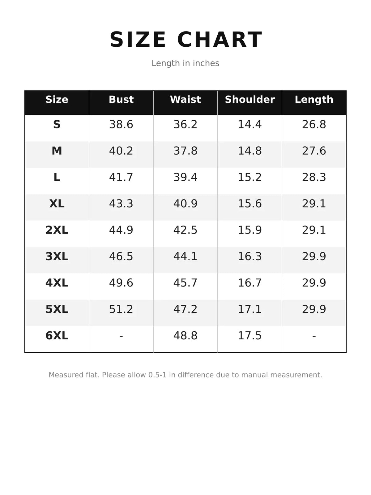 Size chart for tie front shirt