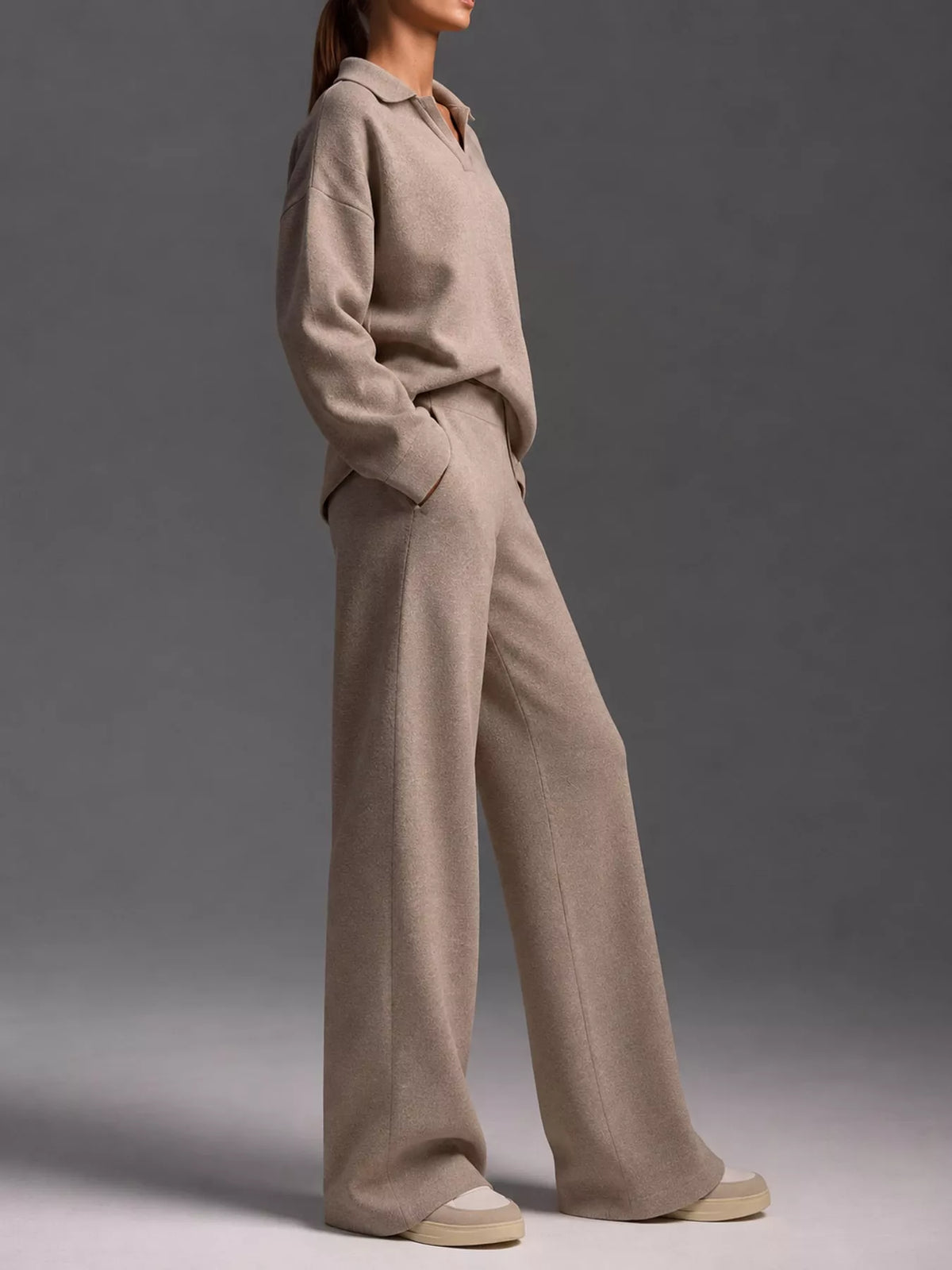 Polo top and pants set, taupe side