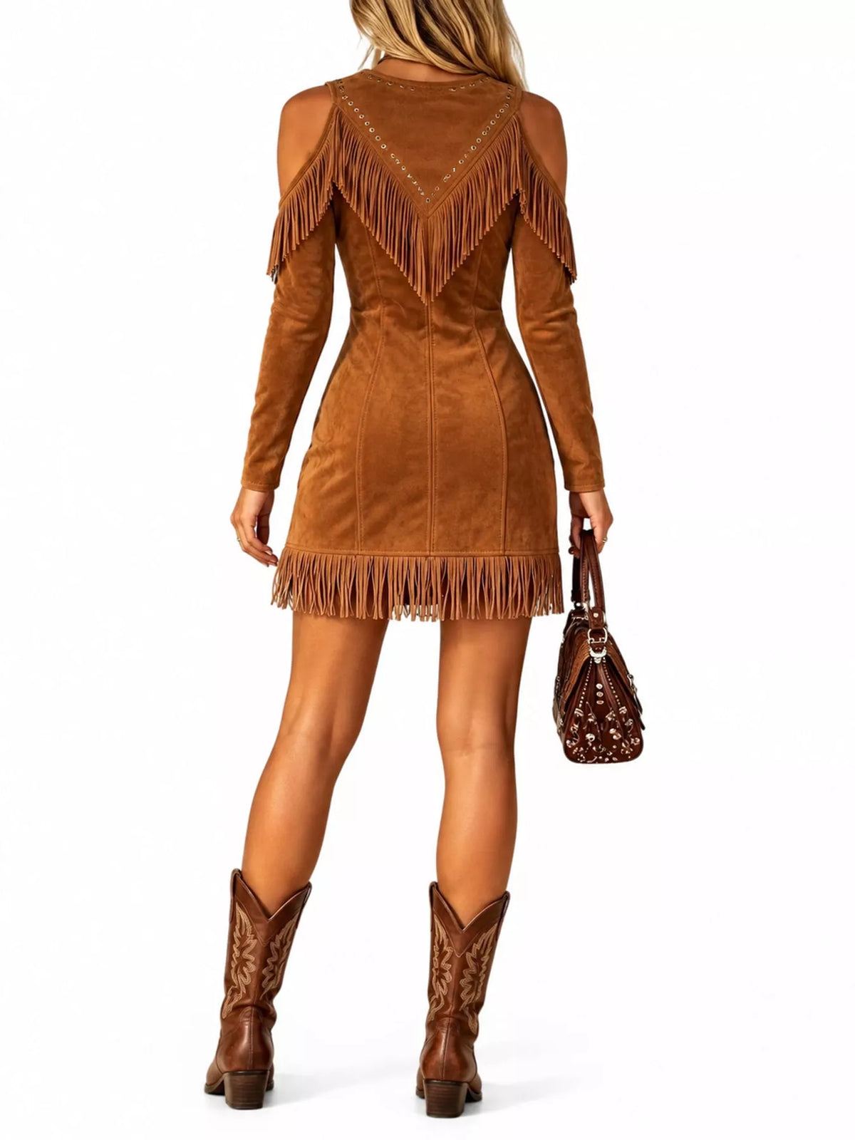 Fringed cold-shoulder dress, brown back