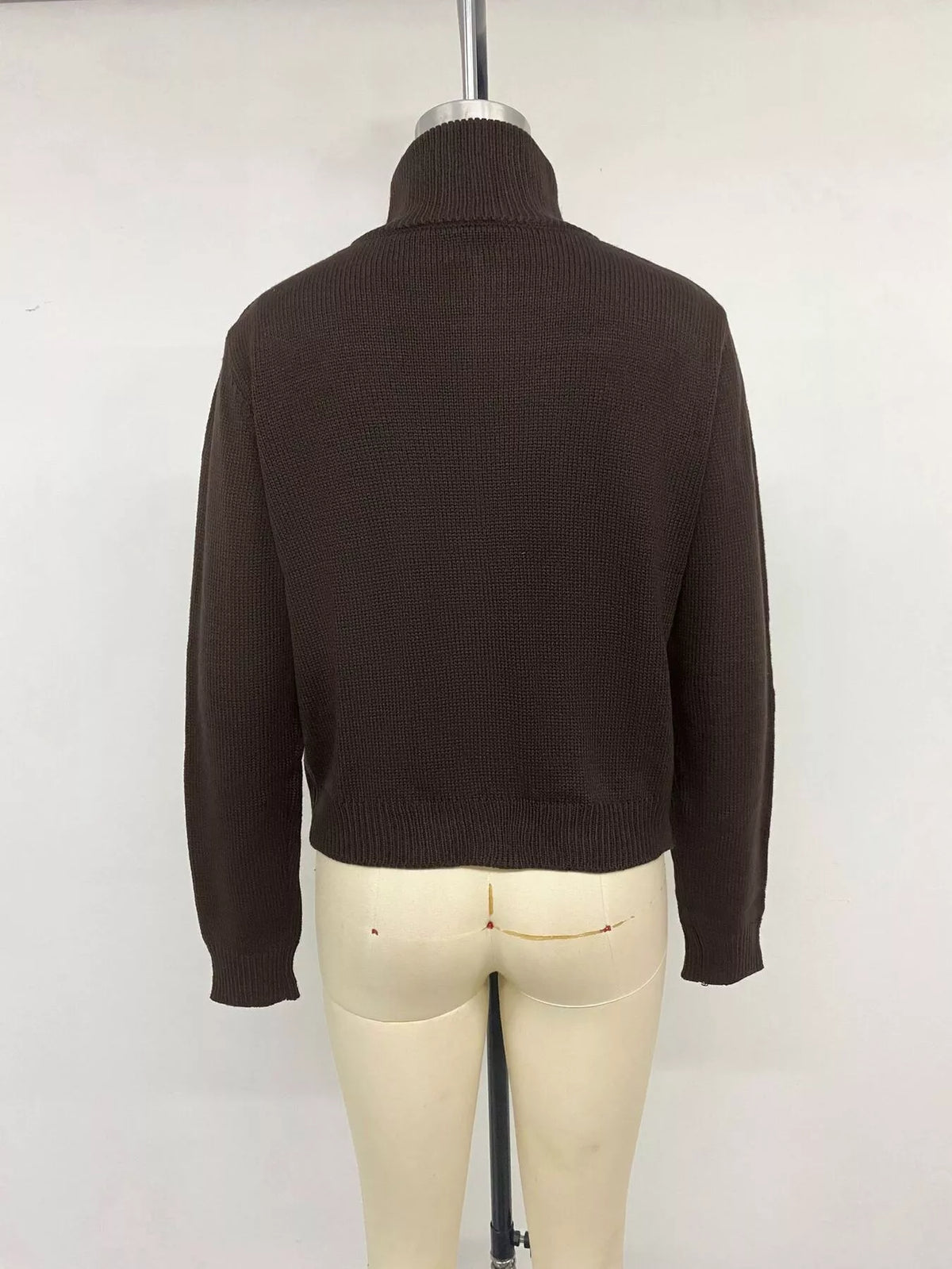 Brown horse zip-up cardigan, back on mannequin